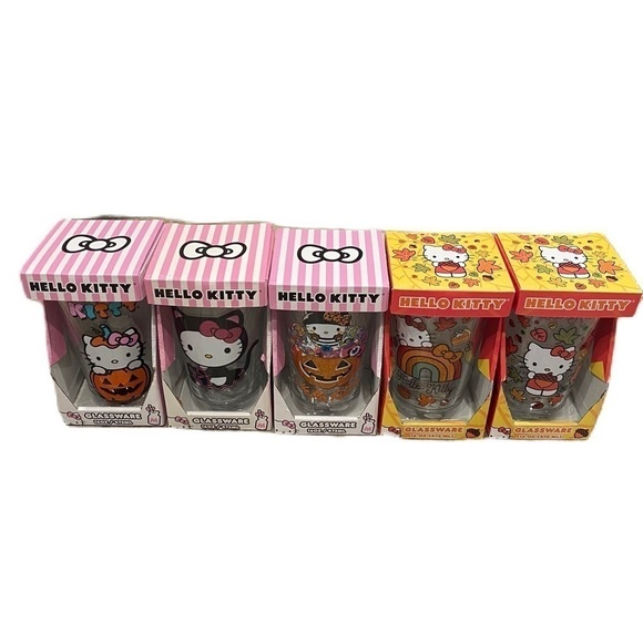Hello Kitty Halloween Fall Glass Set NEW 5 Collection Glitter Sparkle Pumpkin - Picture 1 of 5